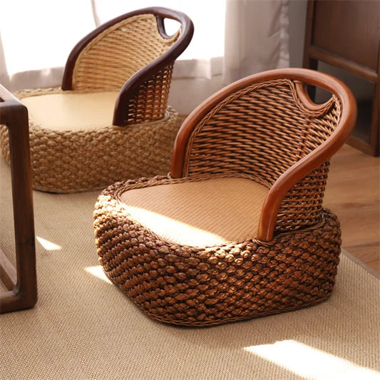 Handmade Straw&Rattan Woven Chair Japanese -style Armchair Zaisu Legless Floor Chair with Ergonomic Backrest Home Furniture | Guided Meditation