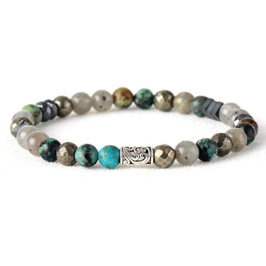 African Labradorite Bracelet | Bracelet | African Labradorite, African Turquoise, Bracelet, new, Pyrite, zinc alloy center bead | Guided Meditation