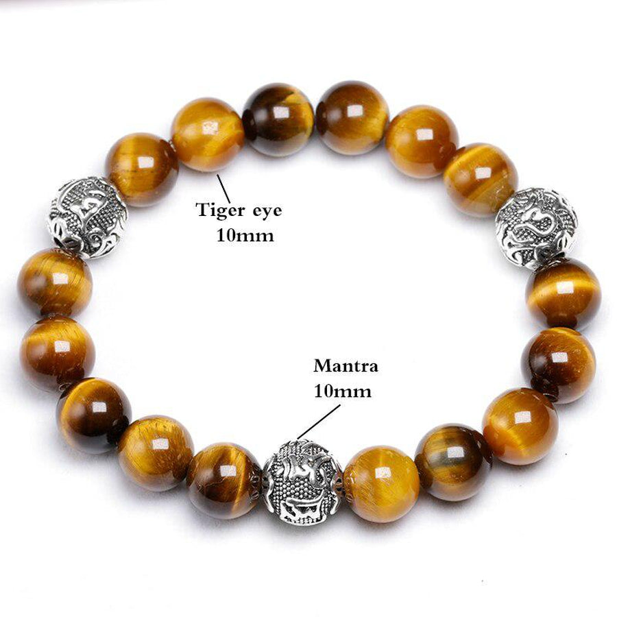 Natural tiger eye bracelet and 3 cylindrical beads engraved "Om Mani Padme Hum" | Bracelet | Bracelet, new, Om Mani Padme Hum, Tiger Eye, Tiger's Eye | Guided Meditation