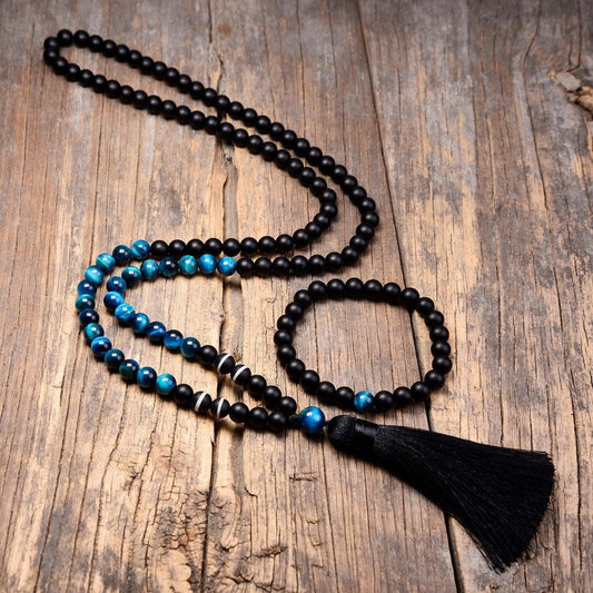Mala 108 in Black Onyx and Blue Tiger's Eye with or without matching bracelet | Mala bouddhiste | Blue Tiger's Eye, Bracelet, Bracelets, Malas, Malas bouddhiste, new, Onyx, Tiger's Eye | Guided Meditation