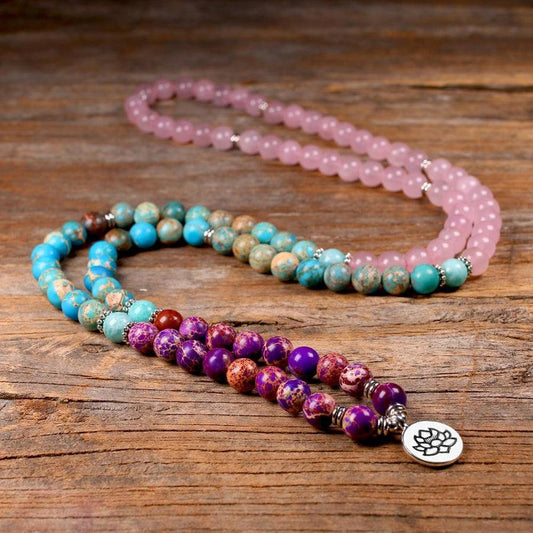 Spiritual Mala with Lotus Flower Charm | Bracelet | Amazonite, bead, Emperor Jasper, Lotus Flower, Malas, Malas bouddhiste, new, Rose Quartz | Guided Meditation