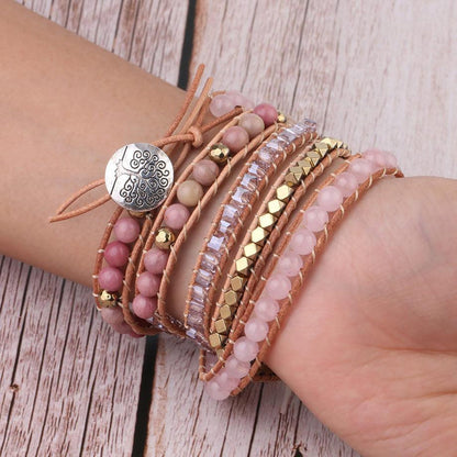 Multi-turn leather and rose quartz cuff bracelet | Bracelet | Bracelets, leather, new, OCU1, Rose Quartz | Guided Meditation