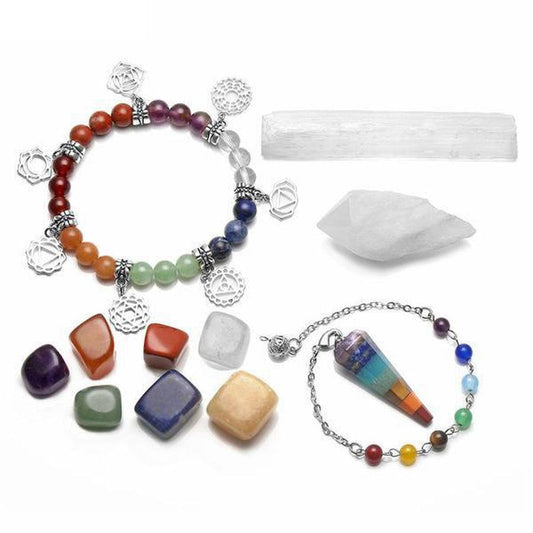 Complete 7 Chakra Healing Set | Bracelet | 7 Chakra, 7 Chakras, Chakras, Dowsing Pendulum, OCU1, Pendulum, pyramid pendulum, Quartz, Selenite, Selenite stick, Set, stick | Guided Meditation